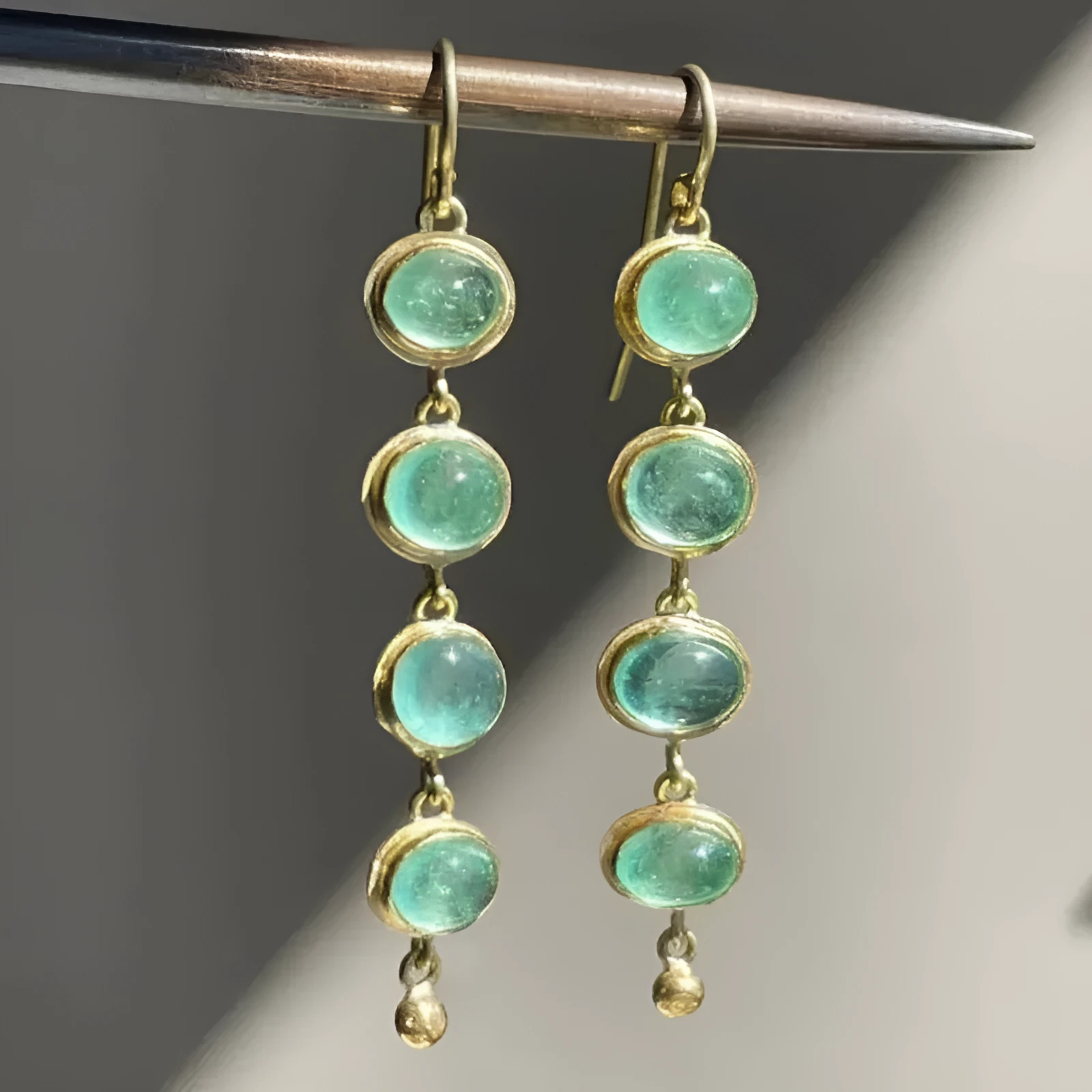 Gold geometric natural stone tassel drop earrings for women 18K gold plated brass