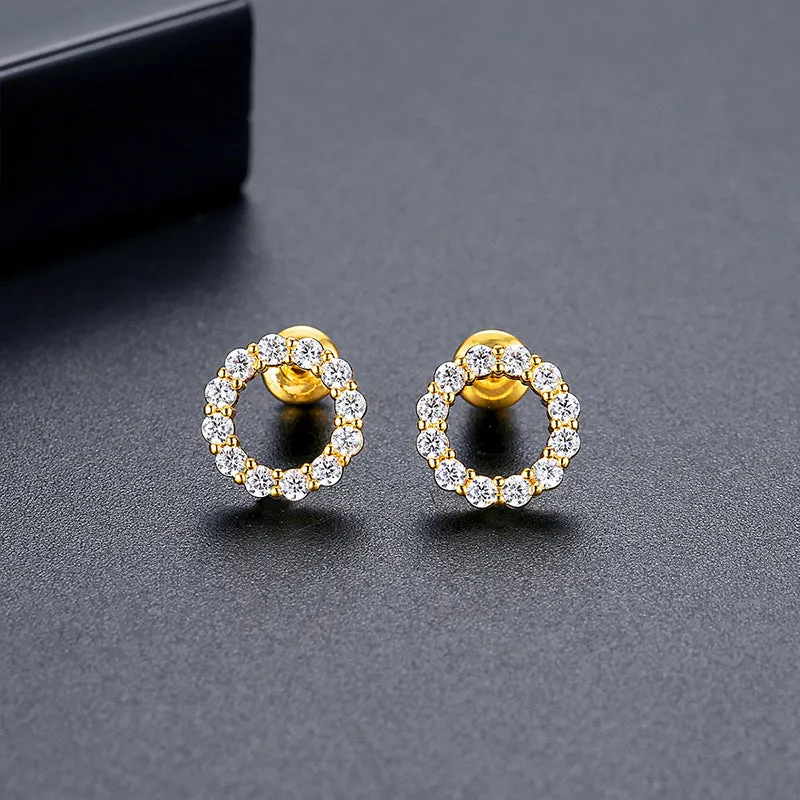 Copper micro zircon-encrusted stud earrings in geometric ring shape for women