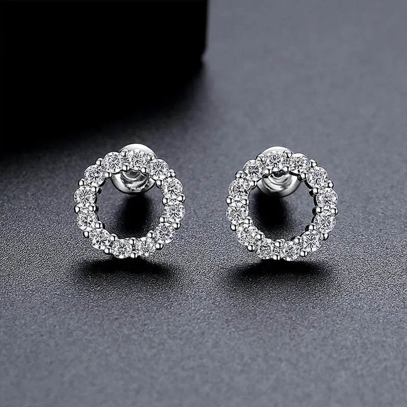 Copper micro zircon-encrusted stud earrings in geometric ring shape for women