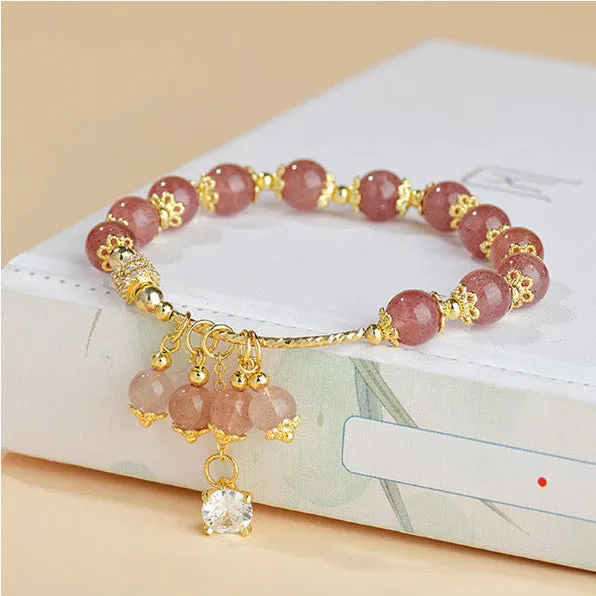 Pink strawberry quartz crystal bracelet with heart shape and pearl accents for women