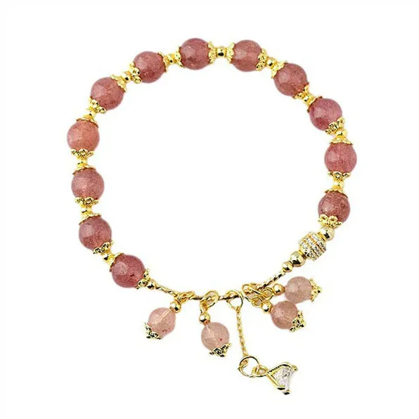 Pink strawberry quartz crystal bracelet with heart shape and pearl accents for women