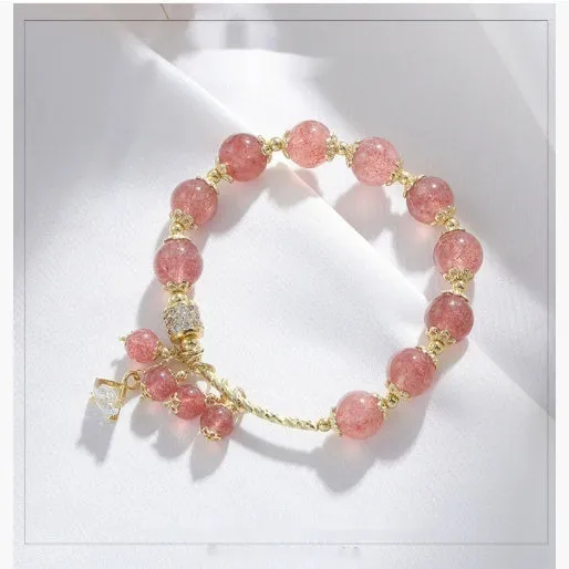 Pink strawberry quartz crystal bracelet with heart shape and pearl accents for women