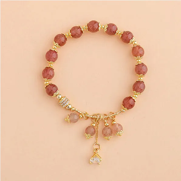 Pink strawberry quartz crystal bracelet with heart shape and pearl accents for women