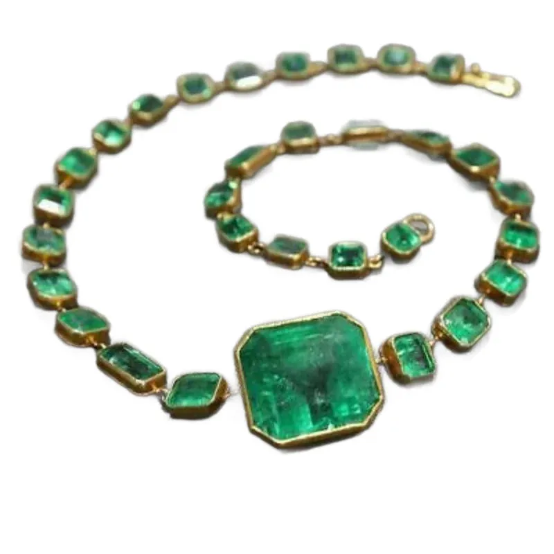 Light luxury square emerald zircon necklace 18K gold plated copper adjustable clavicle chain