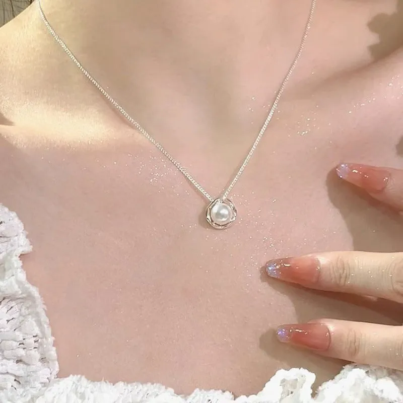 Women's rose pearl geometric circle ring line necklace with cross chain and copper electroplated finish