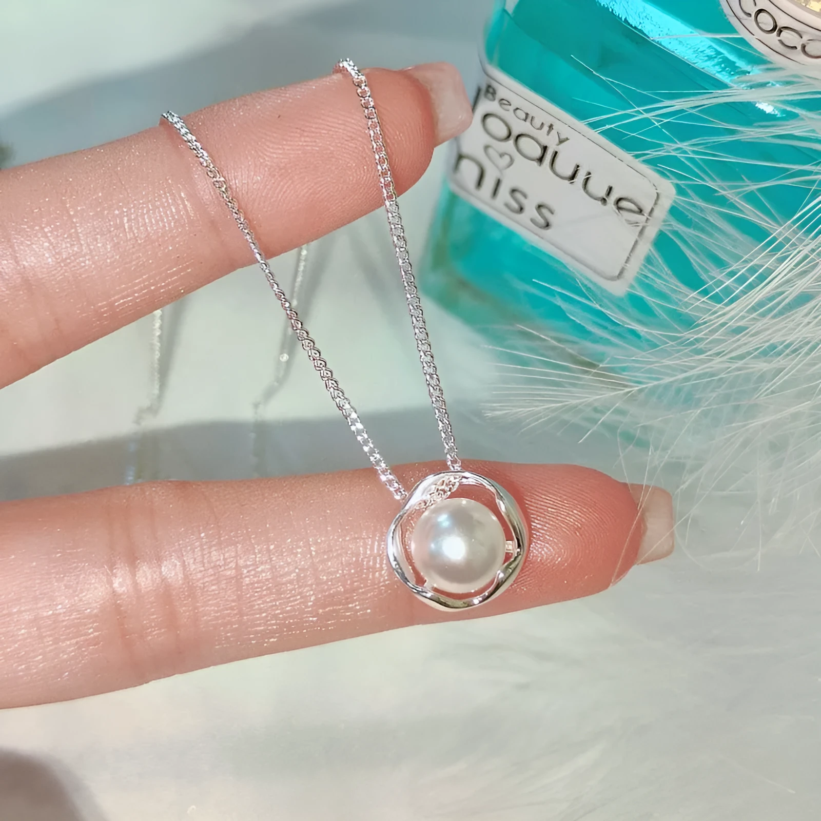 Women's rose pearl geometric circle ring line necklace with cross chain and copper electroplated finish