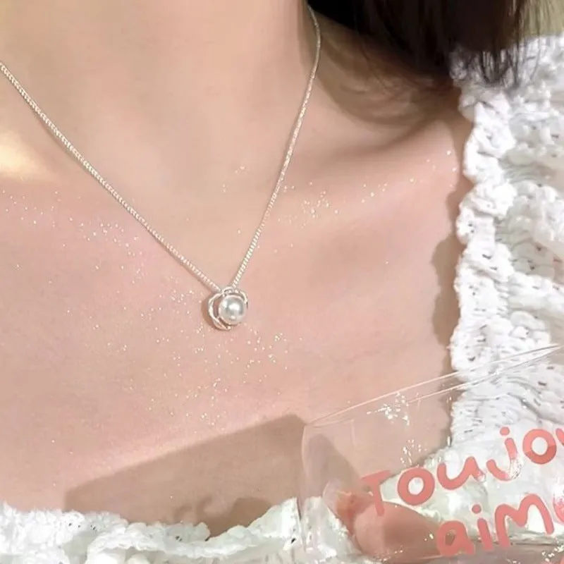 Women's rose pearl geometric circle ring line necklace with cross chain and copper electroplated finish