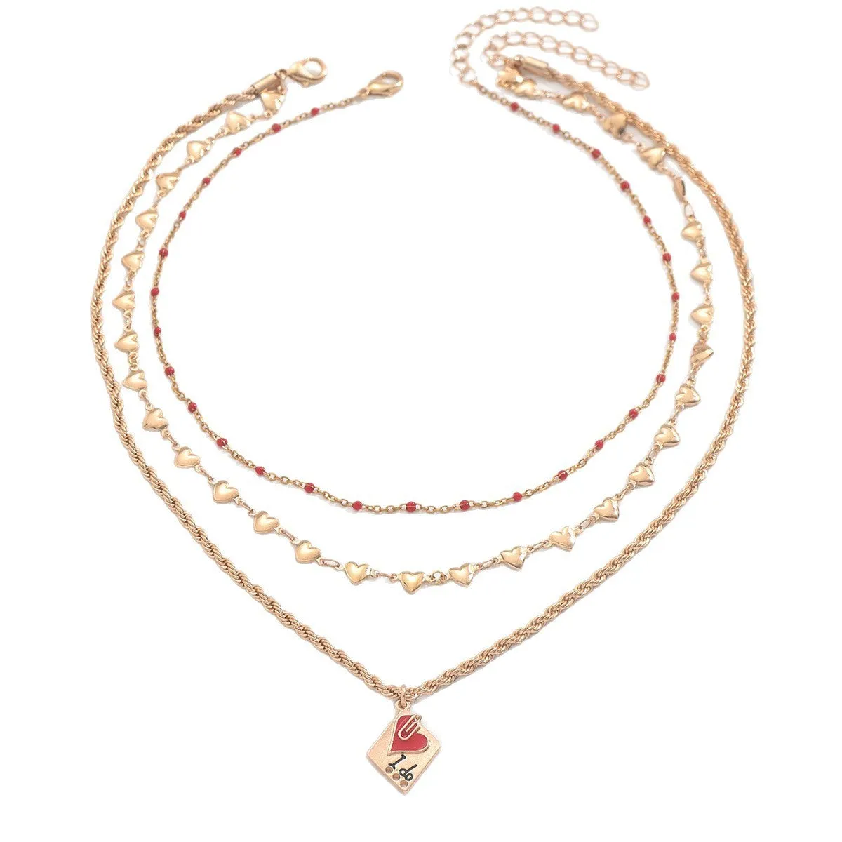Three-layer clavicle necklace with geometric heart pendants on adjustable chain