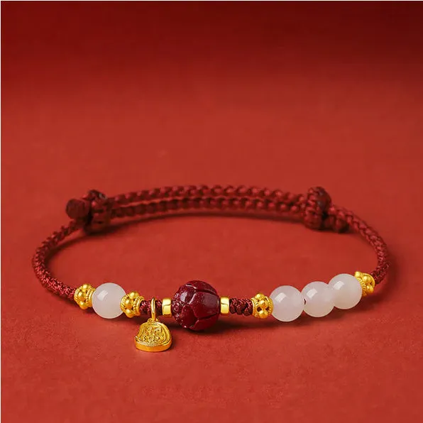 Women's adjustable Hetian jade and cinnabar red rope bracelet with 925 silver clasp