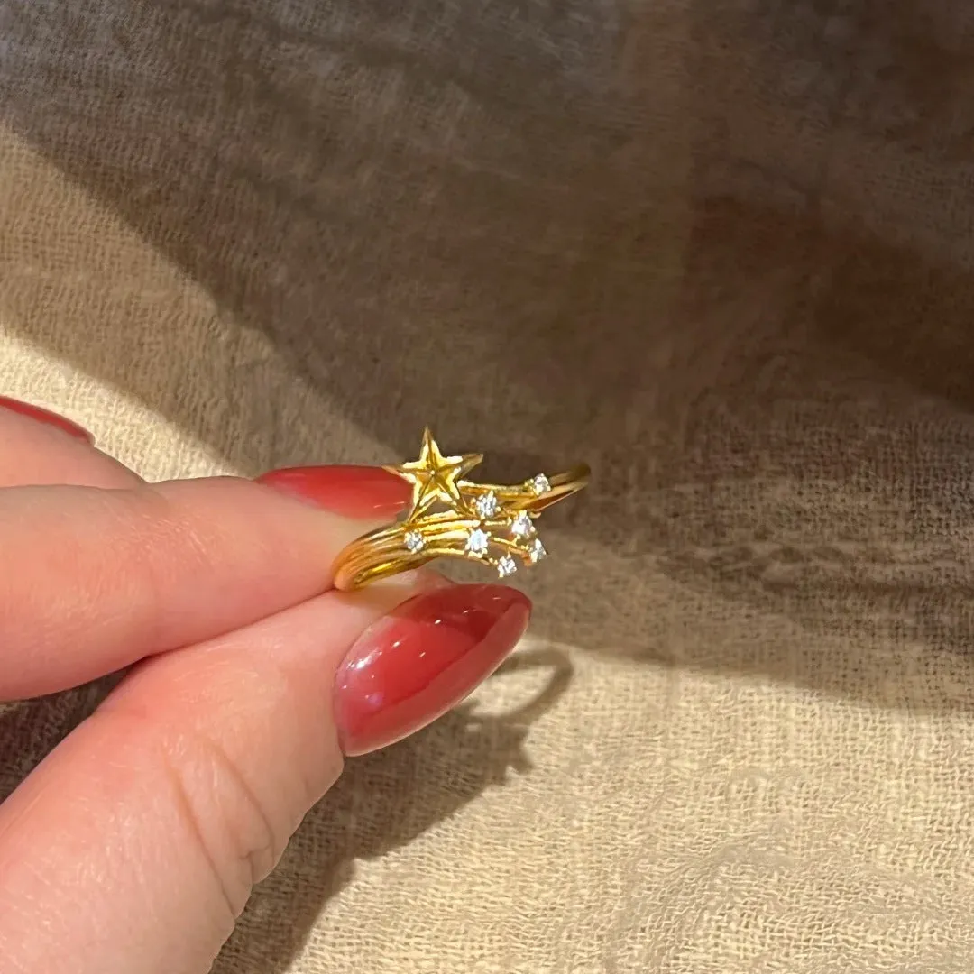 Broken Flame Xingtu ring for women, copper zircon, star shape with meteor shower details