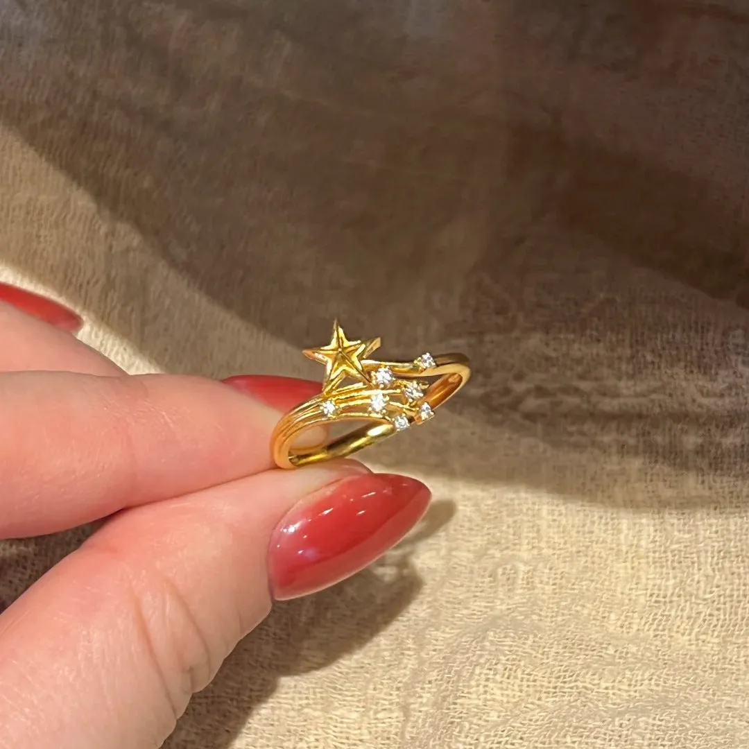 Broken Flame Xingtu ring for women, copper zircon, star shape with meteor shower details