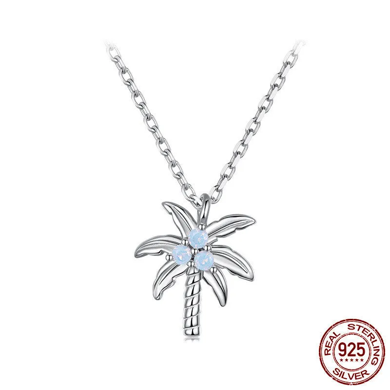 925 sterling silver white gold plated coconut tree necklace with opal pendant on O-shaped chain