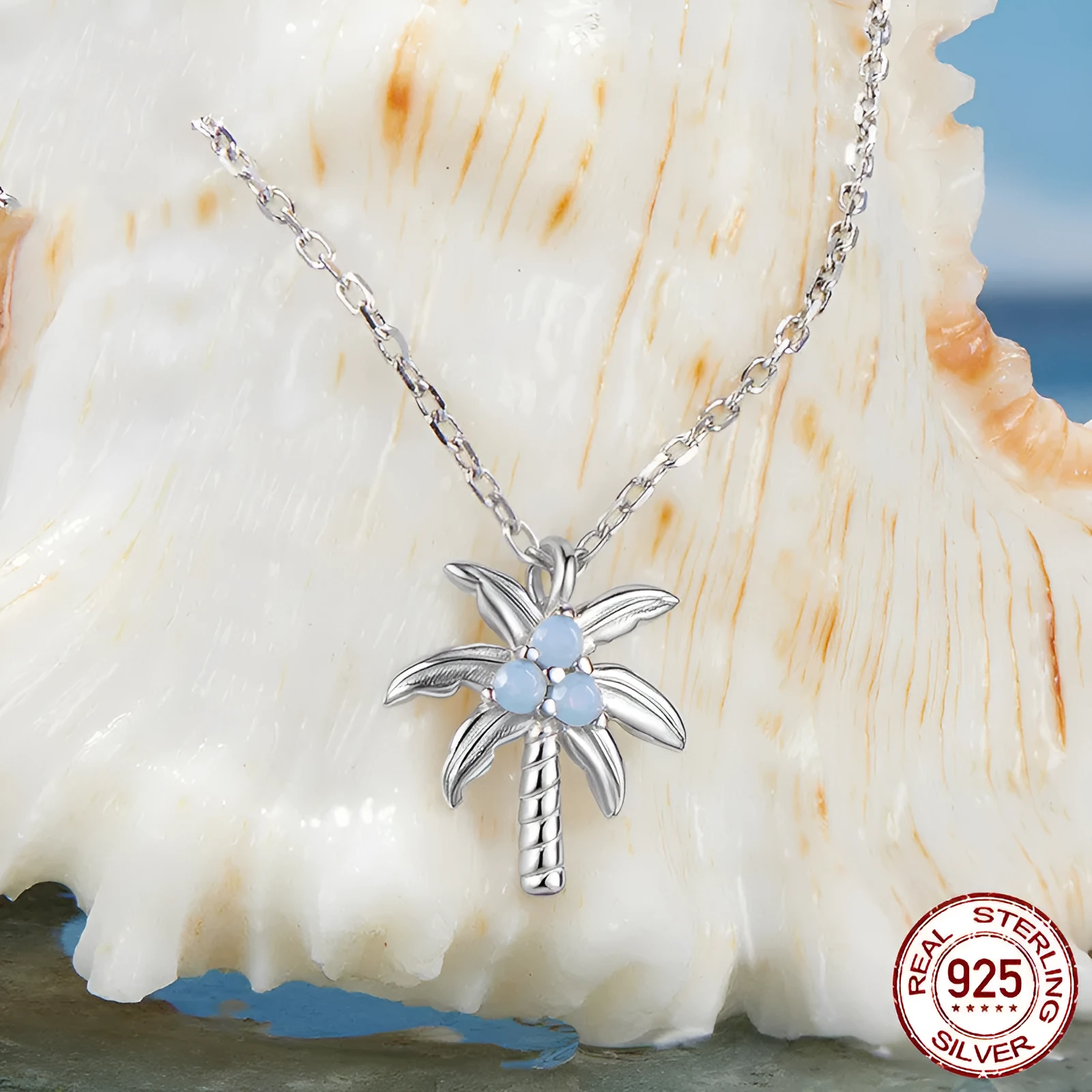 925 sterling silver white gold plated coconut tree necklace with opal pendant on O-shaped chain