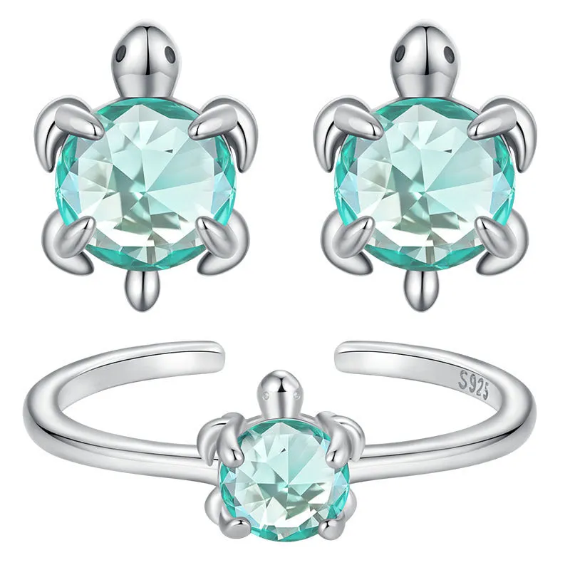 S925 sterling silver turtle ear studs and ring set on white background, electroplated 925 silver jewellery for women