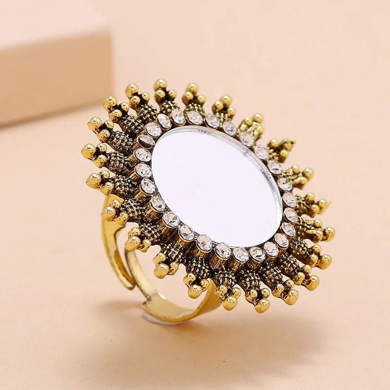 Fashion simple trend zinc alloy diamond ring in gold colour with adjustable band