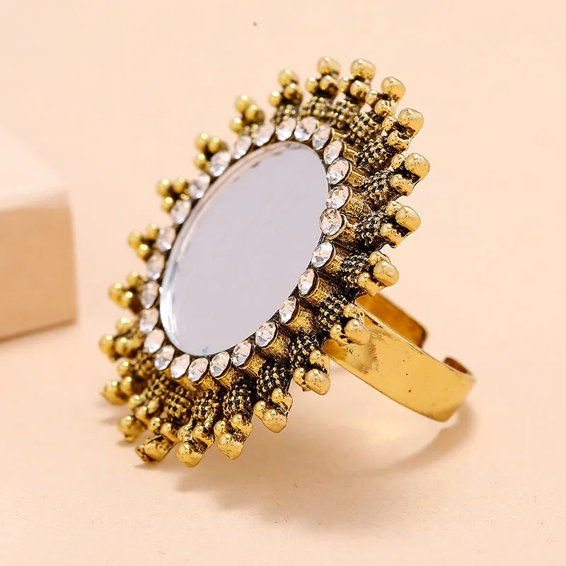Fashion simple trend zinc alloy diamond ring in gold colour with adjustable band