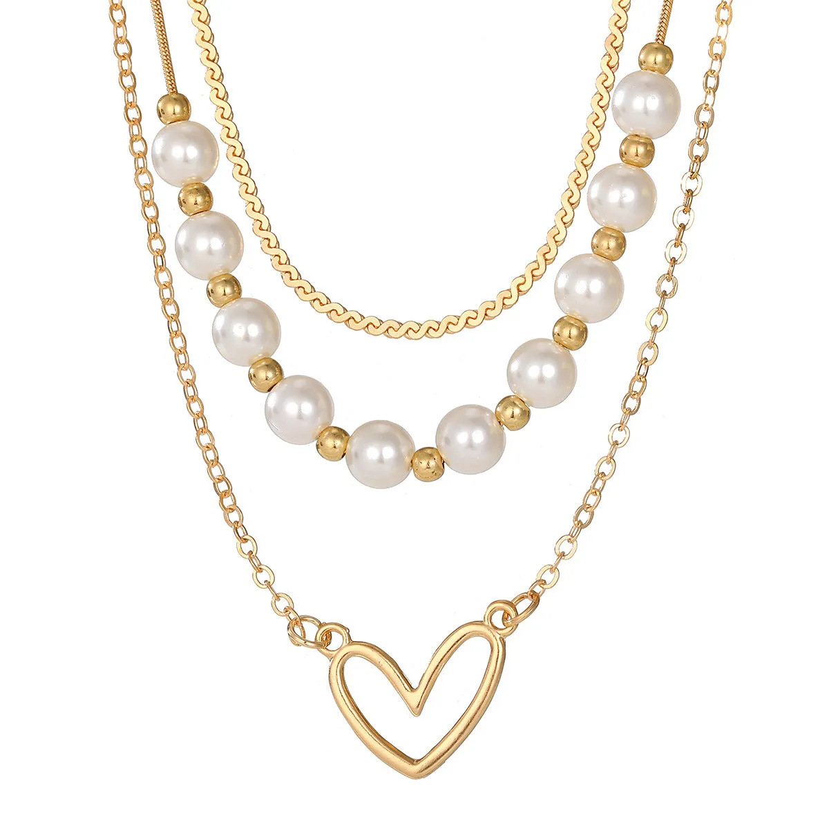 Vintage gold tone necklace with heart pendant on pearl chain, adjustable 41-50cm length