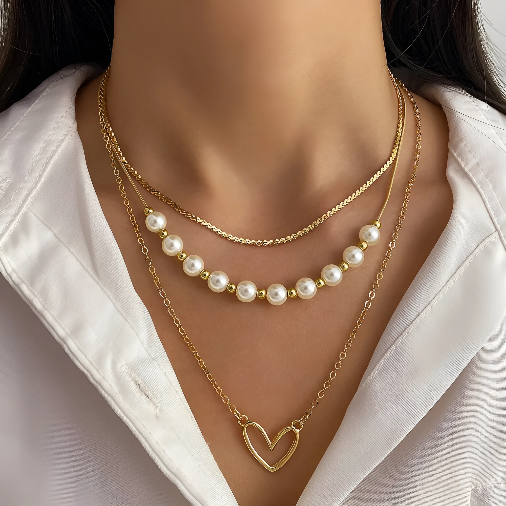 Vintage gold tone necklace with heart pendant on pearl chain, adjustable 41-50cm length