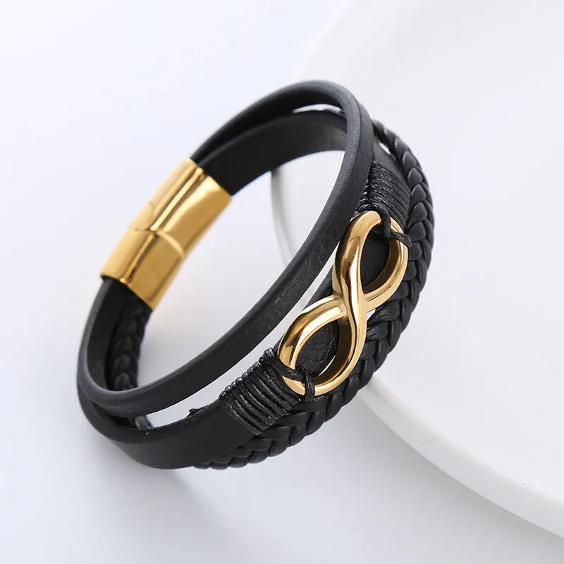 Men's retro pu leather twist weave infinite symbol bracelet in steel colour with electroplated finish
