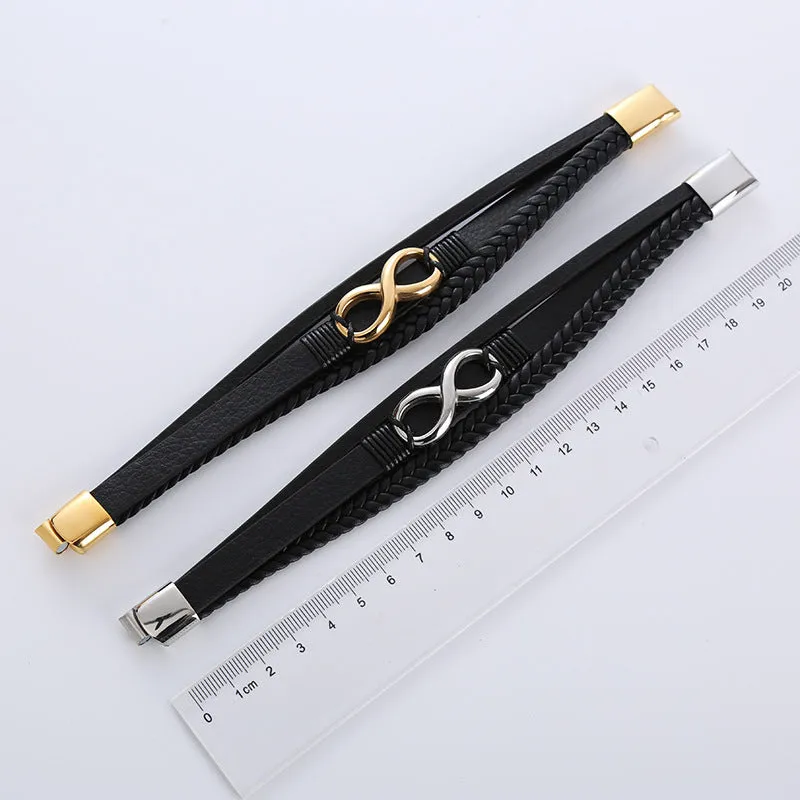 Men's retro pu leather twist weave infinite symbol bracelet in steel colour with electroplated finish