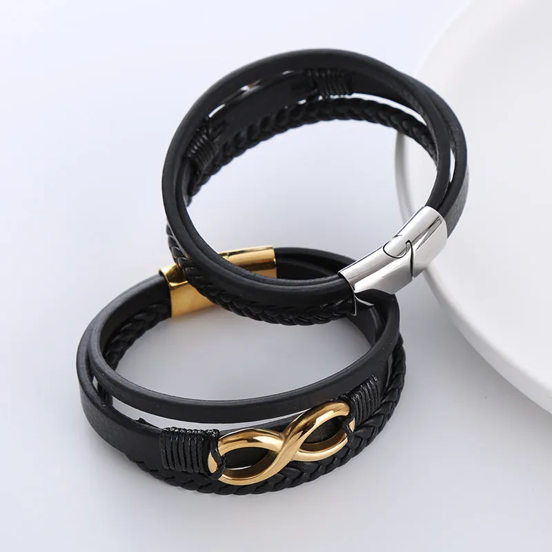 Men's retro pu leather twist weave infinite symbol bracelet in steel colour with electroplated finish