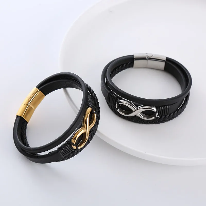 Men's retro pu leather twist weave infinite symbol bracelet in steel colour with electroplated finish