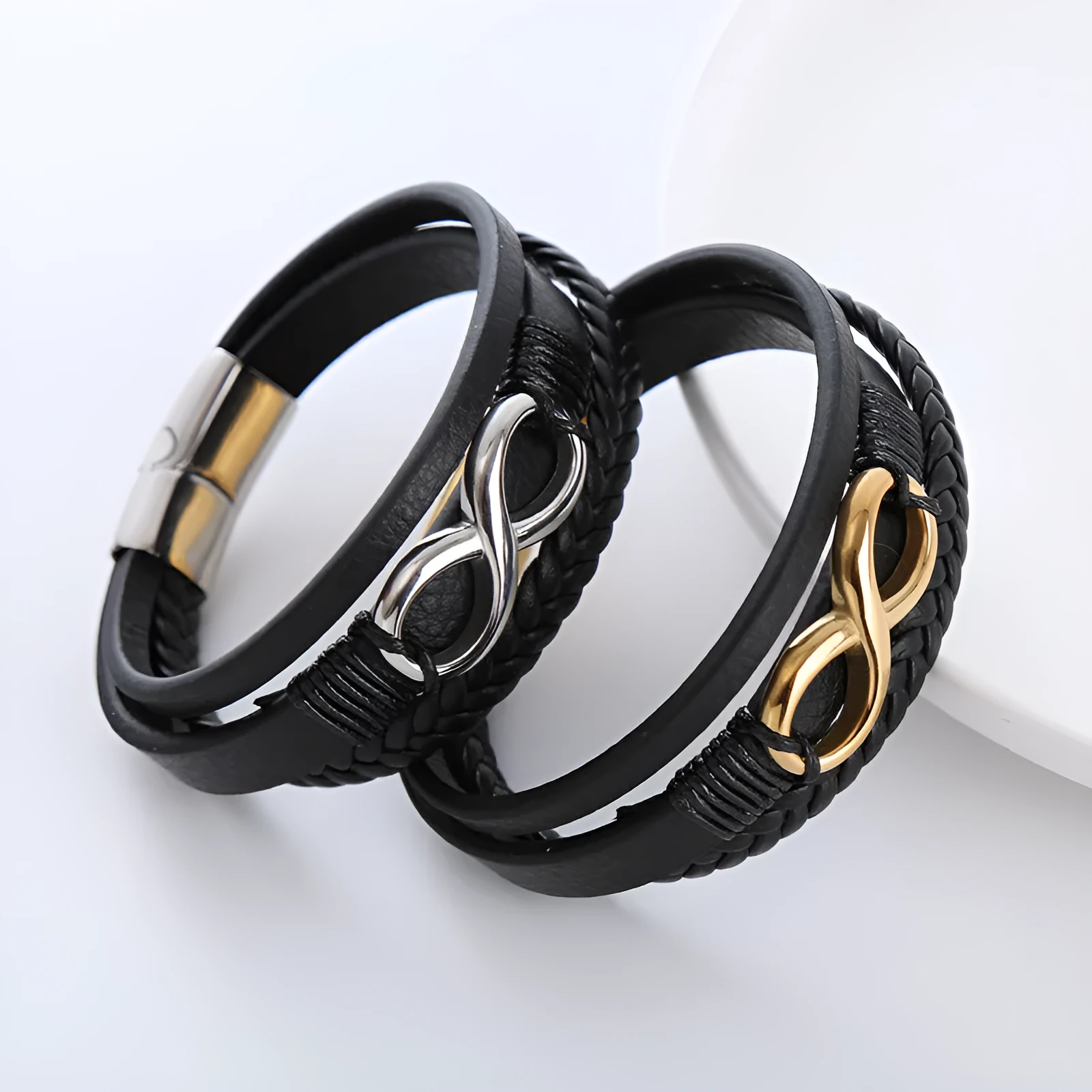 Men's retro pu leather twist weave infinite symbol bracelet in steel colour with electroplated finish