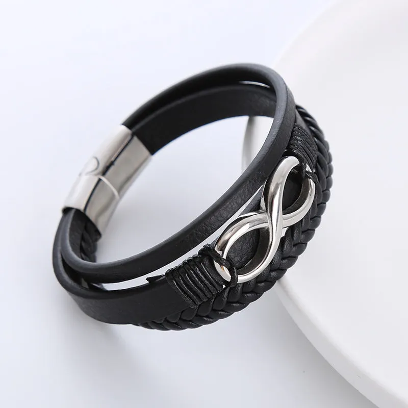 Men's retro pu leather twist weave infinite symbol bracelet in steel colour with electroplated finish