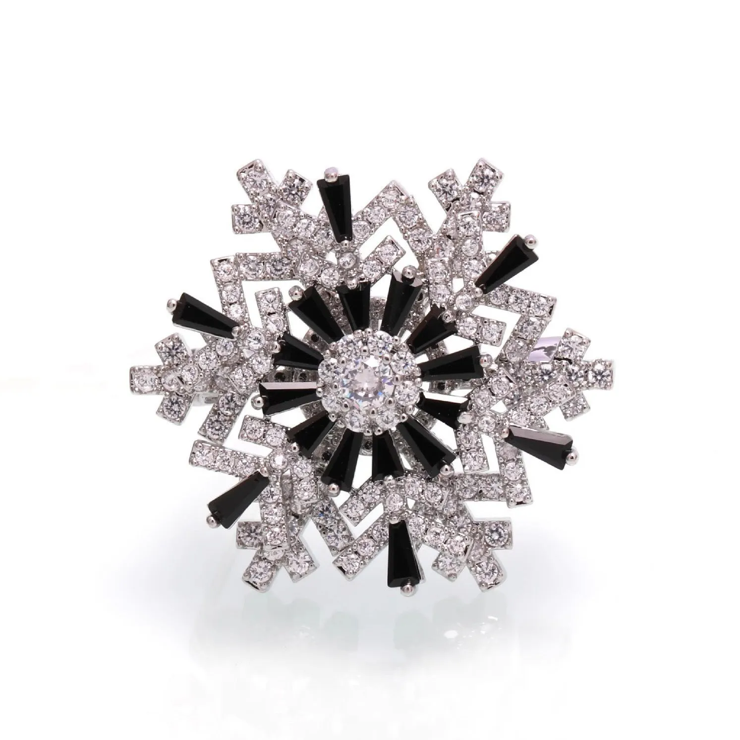 Luxury spinning snowflake brooch in alloy with diamond treatment, rotating silver snow crystal white, women's pin