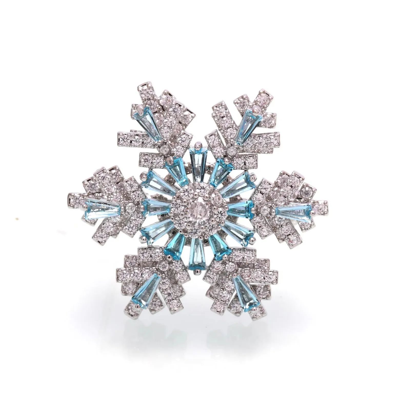 Luxury spinning snowflake brooch in alloy with diamond treatment, rotating silver snow crystal white, women's pin