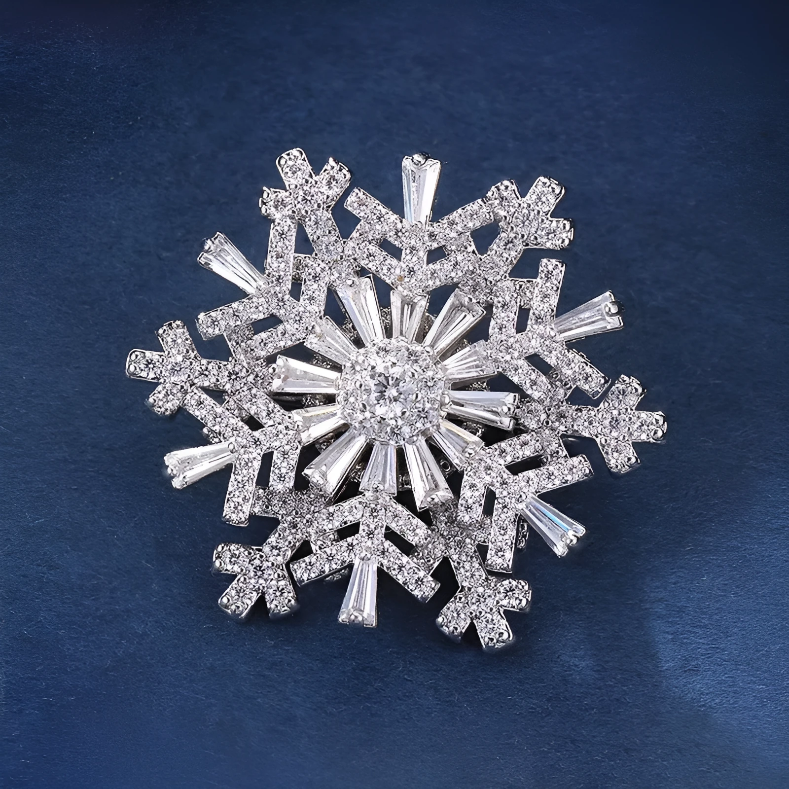 Luxury spinning snowflake brooch in alloy with diamond treatment, rotating silver snow crystal white, women's pin