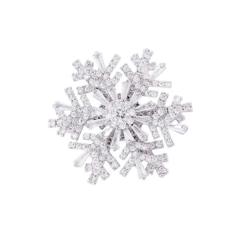 Luxury spinning snowflake brooch in alloy with diamond treatment, rotating silver snow crystal white, women's pin