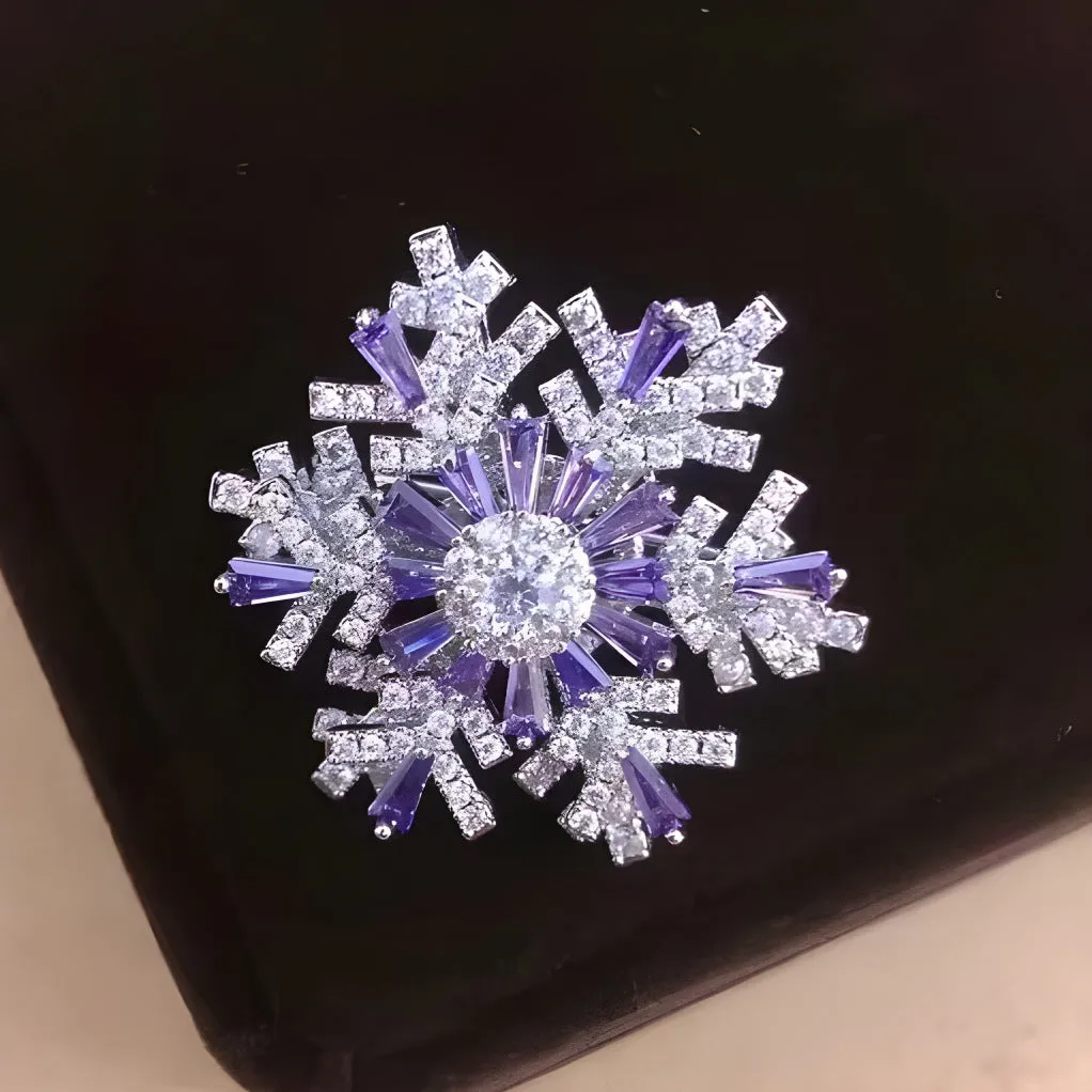 Luxury spinning snowflake brooch in alloy with diamond treatment, rotating silver snow crystal white, women's pin