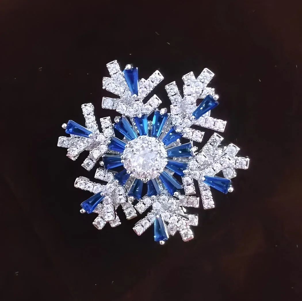 Luxury spinning snowflake brooch in alloy with diamond treatment, rotating silver snow crystal white, women's pin