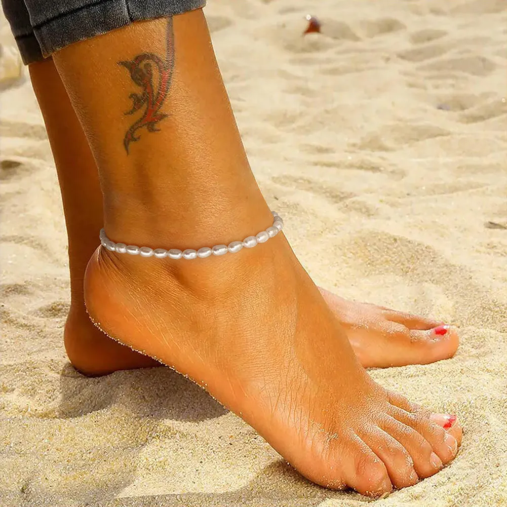 Gold 925 silver anklet with small rice-shaped natural freshwater pearl beads