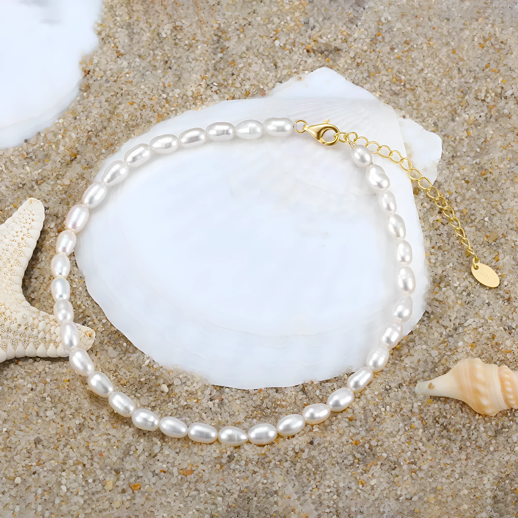 Gold 925 silver anklet with small rice-shaped natural freshwater pearl beads