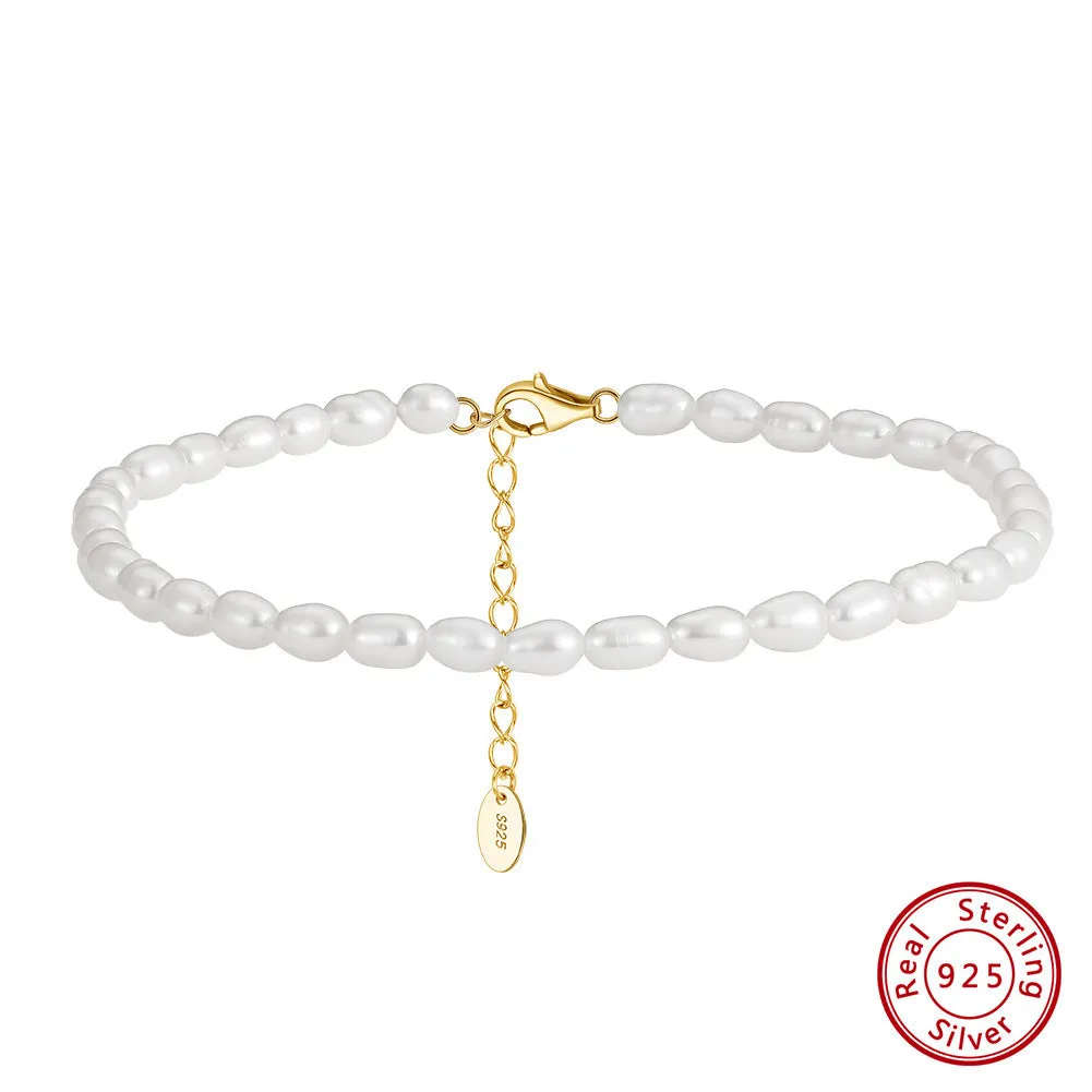 Gold 925 silver anklet with small rice-shaped natural freshwater pearl beads