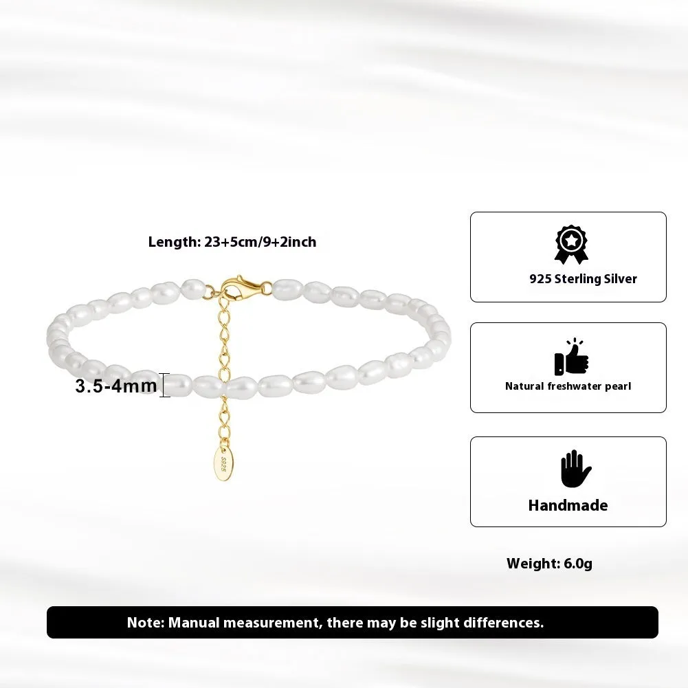 Gold 925 silver anklet with small rice-shaped natural freshwater pearl beads