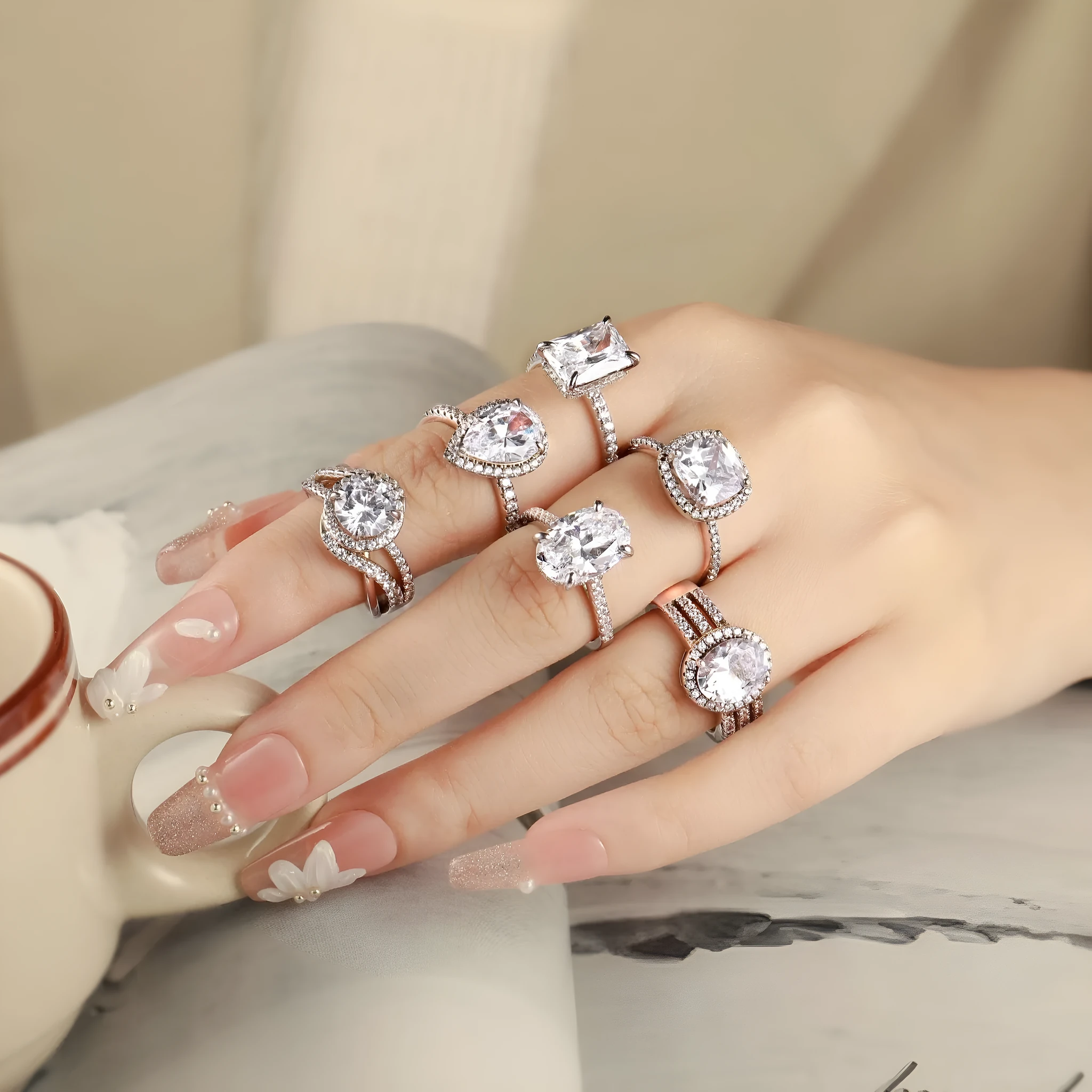Oval inlaid zircon silver ring for women, niche high sense design, multiple US sizes available