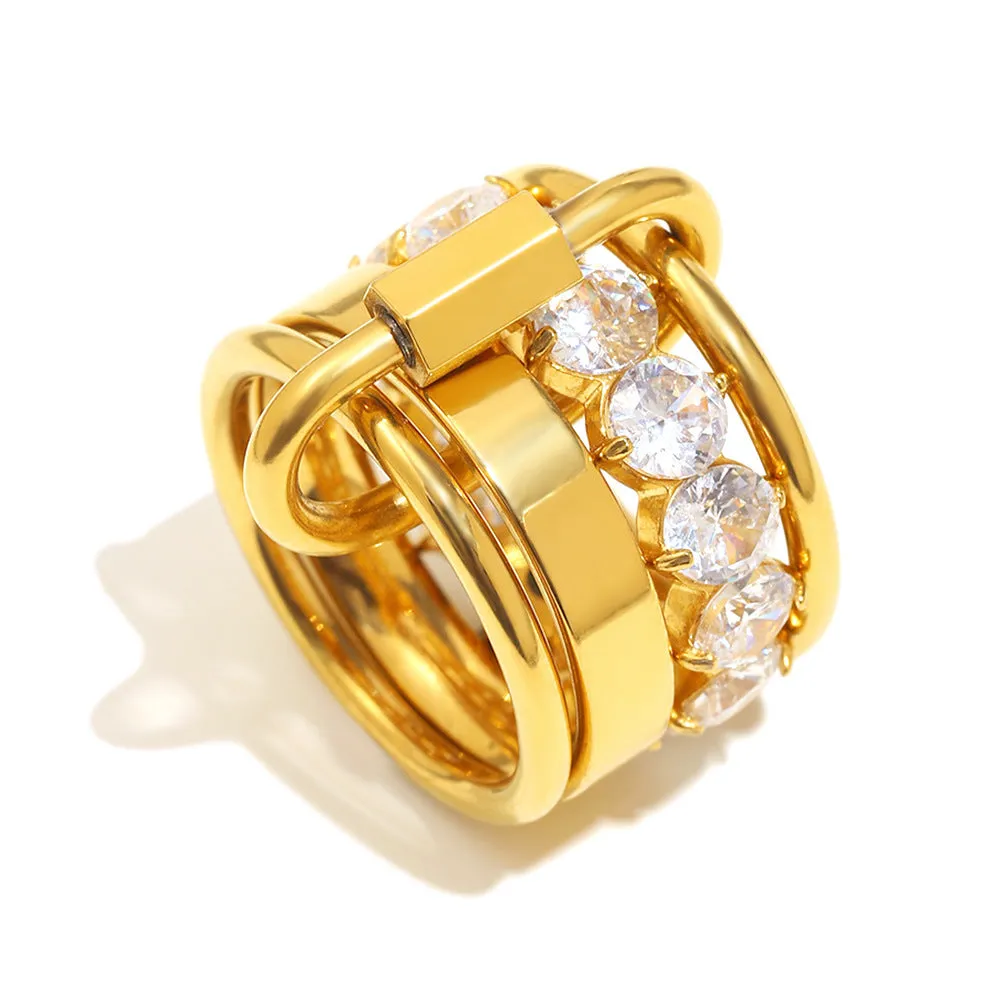 Gold multi-layer zircon ring for women in stainless steel, retro style, size No 6 or No 7