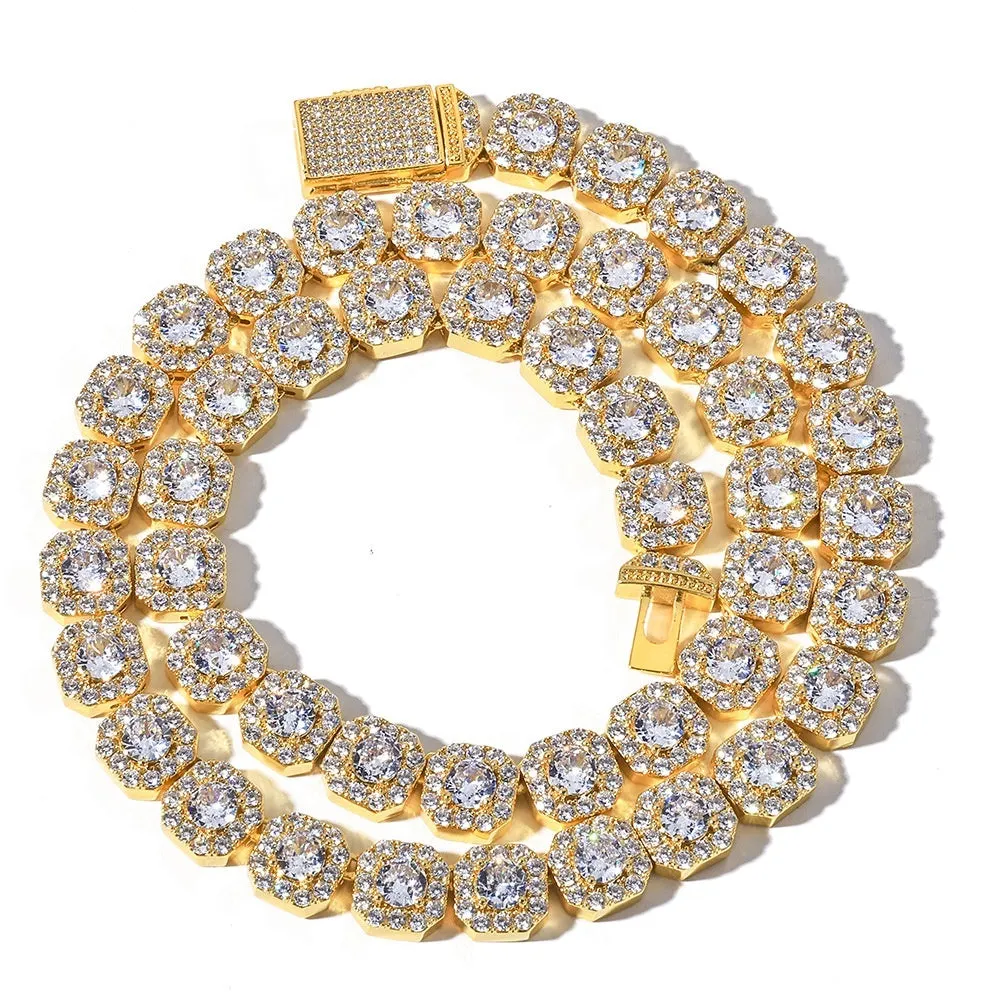 Personalised full diamond men's bracelet rock sugar chain copper gold colour width 10mm length 22.86cm
