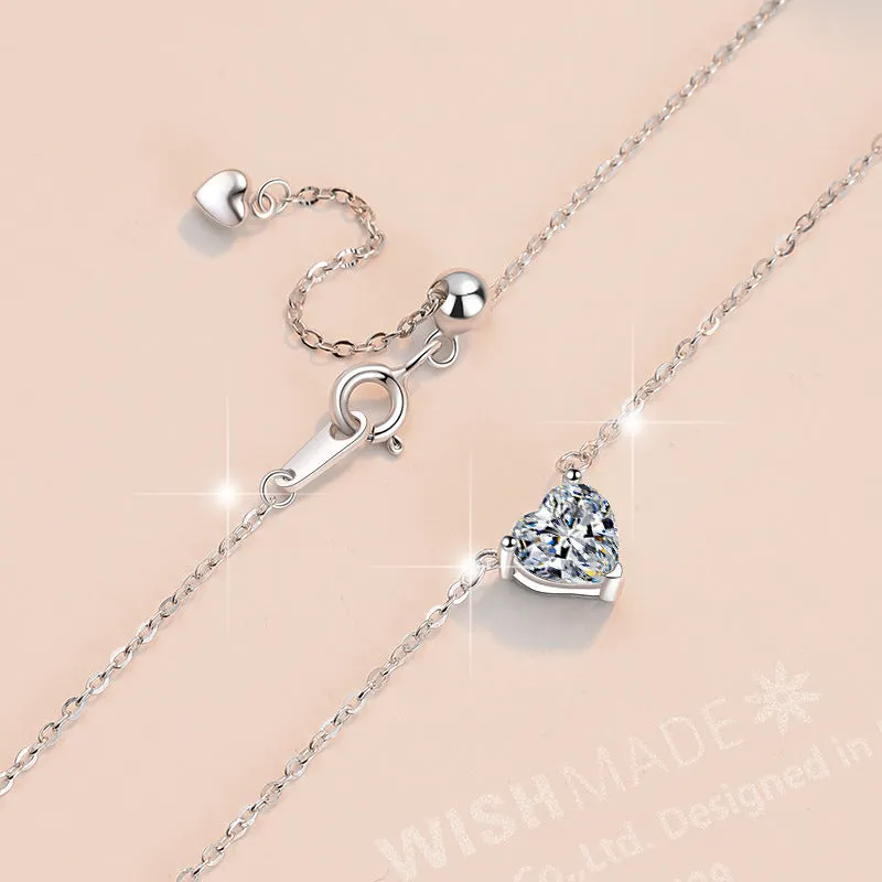 925 silver heart shaped pendant necklace with D colour moissanite stone and adjustable cross chain