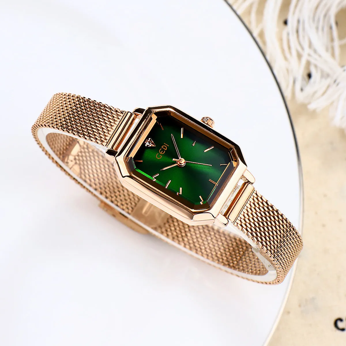 Women's square retro casual watch with rose shell case and multiple colour dial options