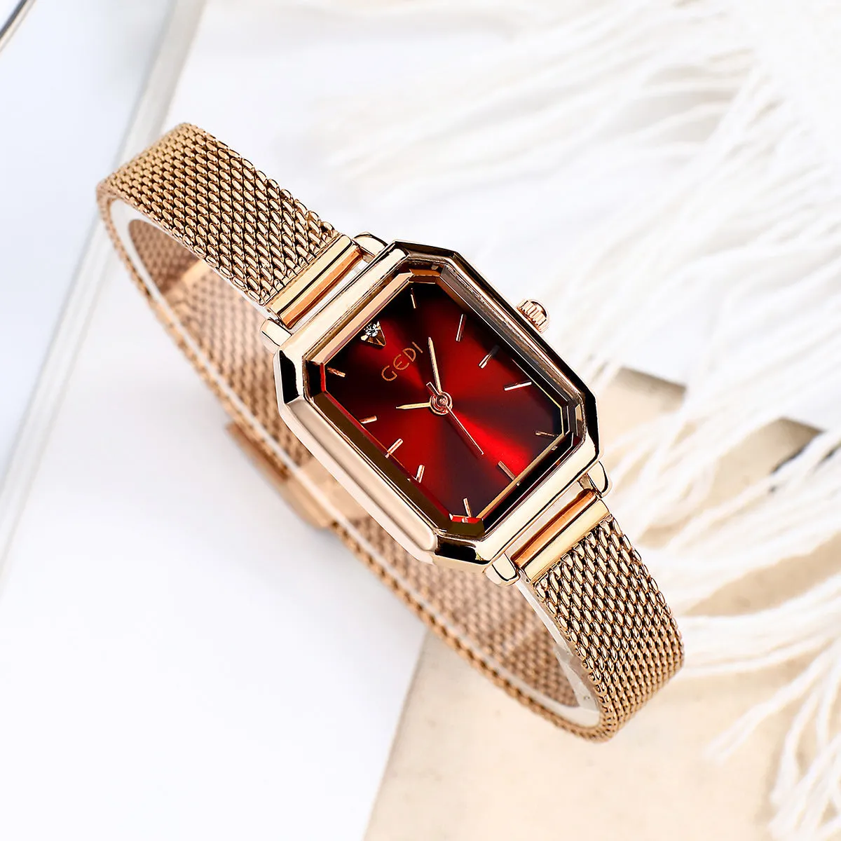 Women's square retro casual watch with rose shell case and multiple colour dial options