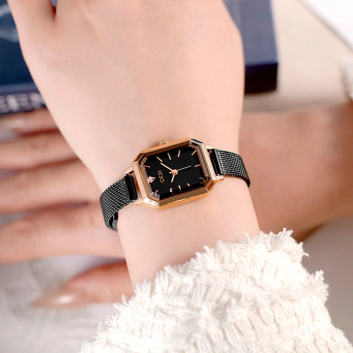 Women's square retro casual watch with rose shell case and multiple colour dial options