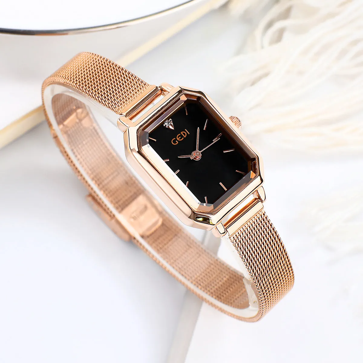 Women's square retro casual watch with rose shell case and multiple colour dial options