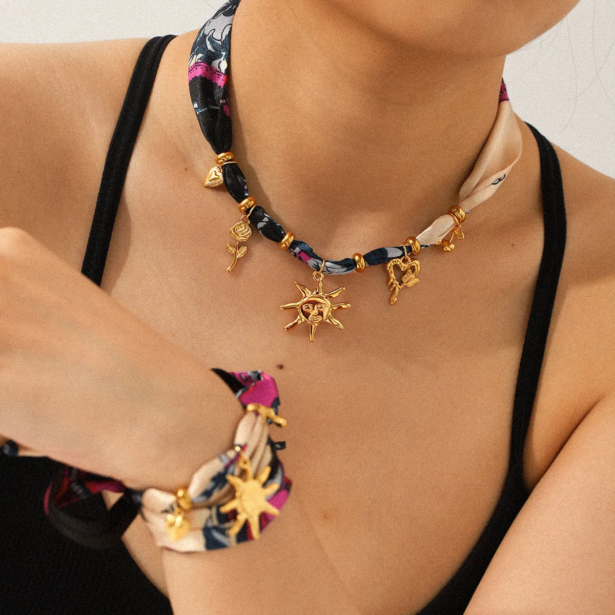 Sunflower stainless steel charm on a ribbon bracelet for children, ins style