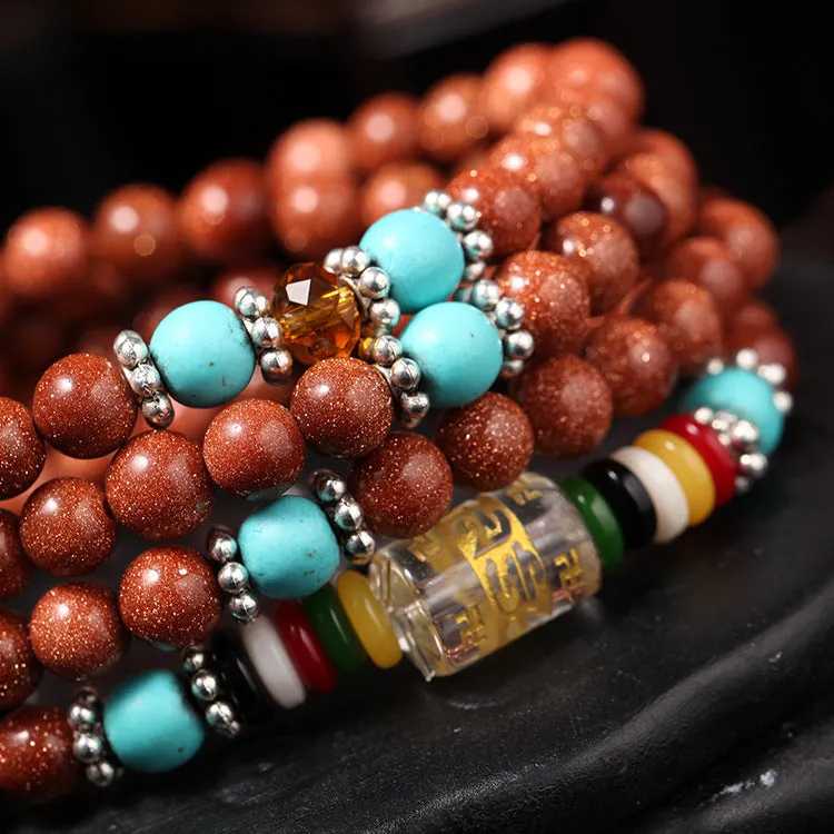 Golden star stone colour multi-circle bracelet with 108 nugget sand beads, mantra charm and fu character ornament