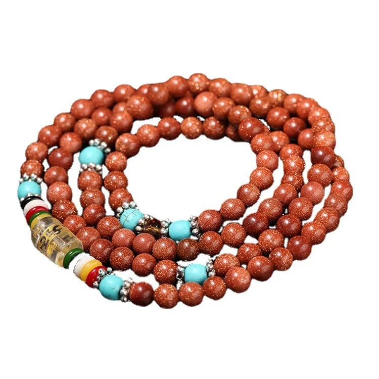 Golden star stone colour multi-circle bracelet with 108 nugget sand beads, mantra charm and fu character ornament