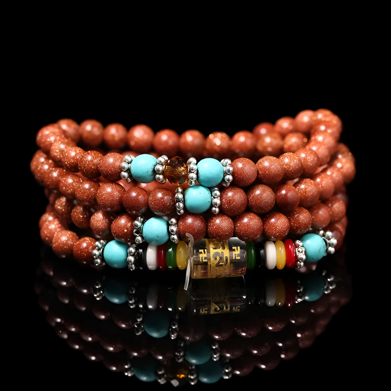 Golden star stone colour multi-circle bracelet with 108 nugget sand beads, mantra charm and fu character ornament